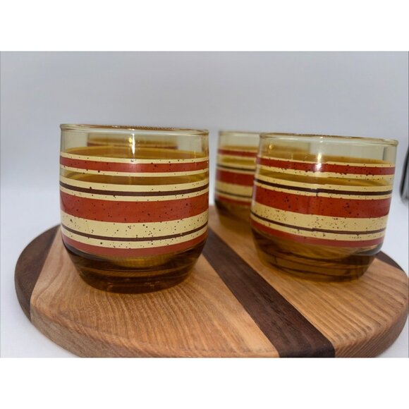 Vintage MCM Anchor Hocking Set of 4 Juice Glasses Amber Glass, Red/Brown Stripes - Picture 4 of 5